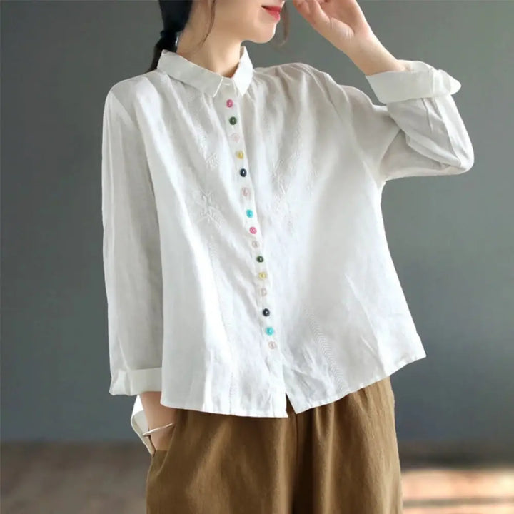 Buddha Stones Spring Embroidery Long Sleeve Colorful Button Label Cotton Linen Women’s Shirt - White / US6，UK/AU10，EU38