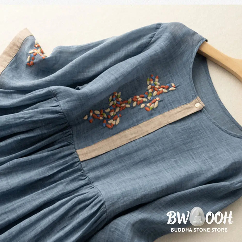Buddha Stones Spring Ethnic Embroidery Half Sleeve Cotton Linen Women’s Midi Dress - Midi Dress