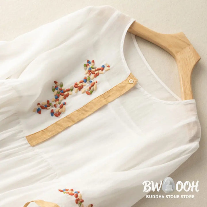 Buddha Stones Spring Ethnic Embroidery Half Sleeve Cotton Linen Women’s Midi Dress - Midi Dress