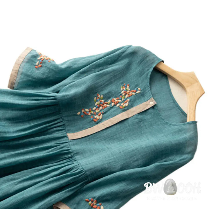 Buddha Stones Spring Ethnic Embroidery Half Sleeve Cotton Linen Women’s Midi Dress - Midi Dress