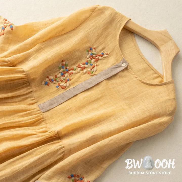 Buddha Stones Spring Ethnic Embroidery Half Sleeve Cotton Linen Women’s Midi Dress - Midi Dress