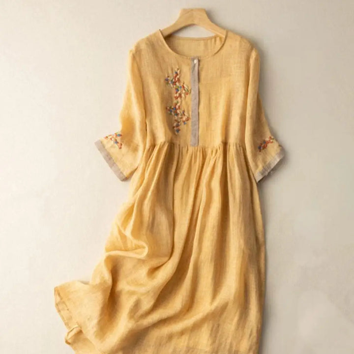 Buddha Stones Spring Ethnic Embroidery Half Sleeve Cotton Linen Women’s Midi Dress - Gold / US4，UK/AU8，EU36 (L) - Midi