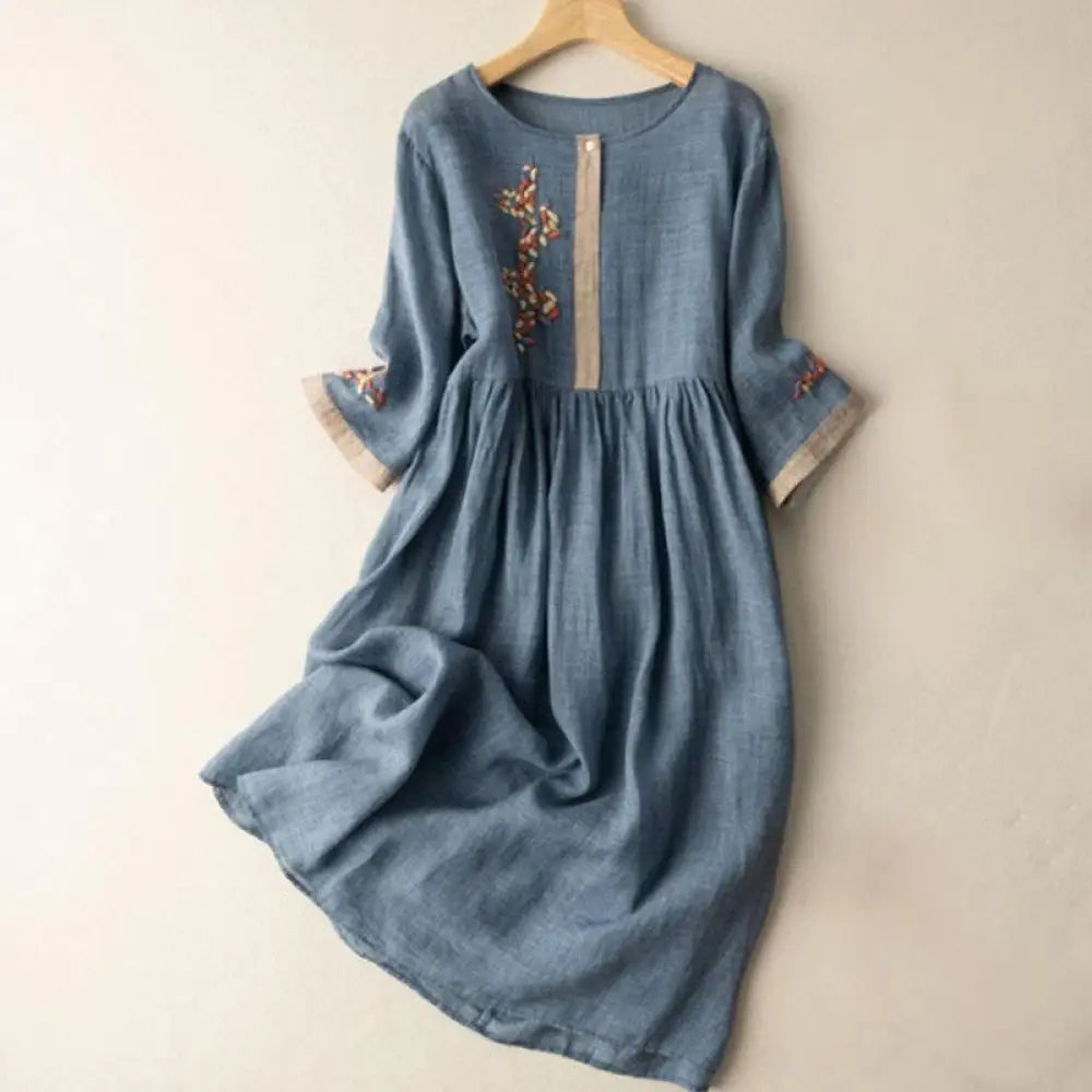 Buddha Stones Spring Ethnic Embroidery Half Sleeve Cotton Linen Women’s Midi Dress - SteelBlue / US4，UK/AU8，EU36 (L)