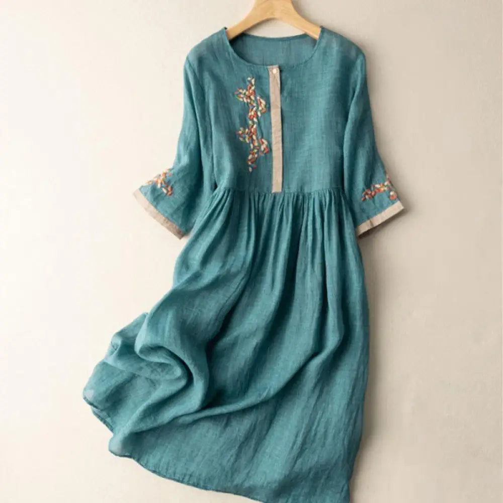 Buddha Stones Spring Ethnic Embroidery Half Sleeve Cotton Linen Women’s Midi Dress - Teal / US4，UK/AU8，EU36 (L) - Midi