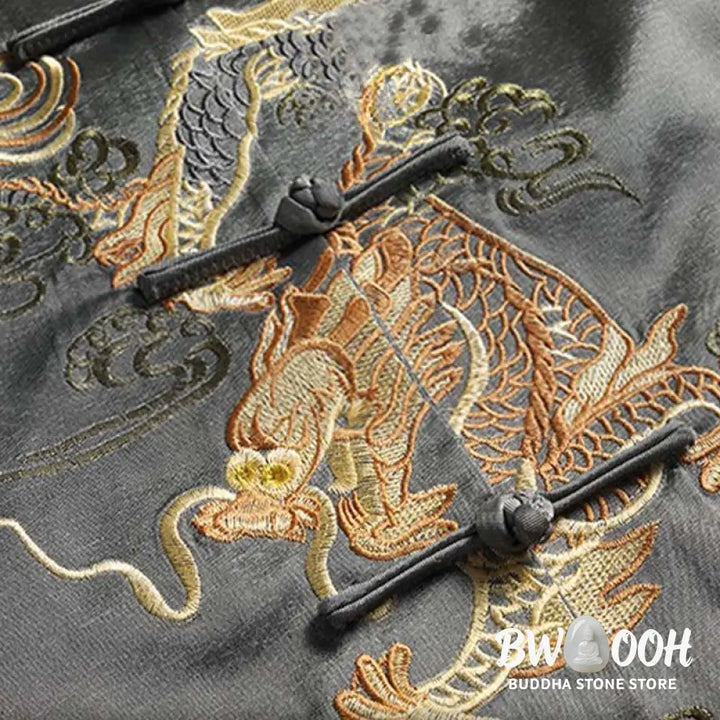 Buddha Stones Spring Fall Dragon Embroidery Frog-Button Long Sleeve Men’s Jacket - Men’s Jacket