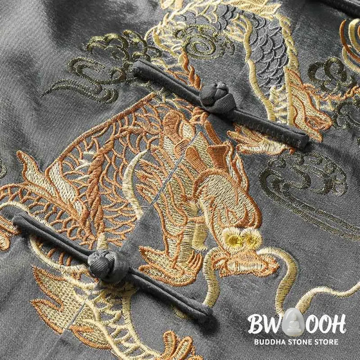 Buddha Stones Spring Fall Dragon Embroidery Frog-Button Long Sleeve Men’s Jacket - Men’s Jacket