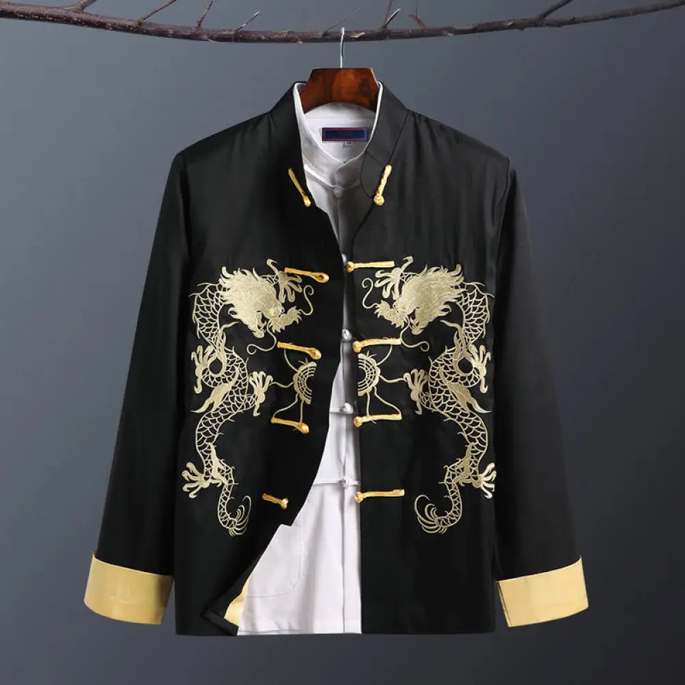 Buddha Stones Spring Fall Dragon Embroidery Frog-Button Long Sleeve Men’s Jacket - Double Dragon Black