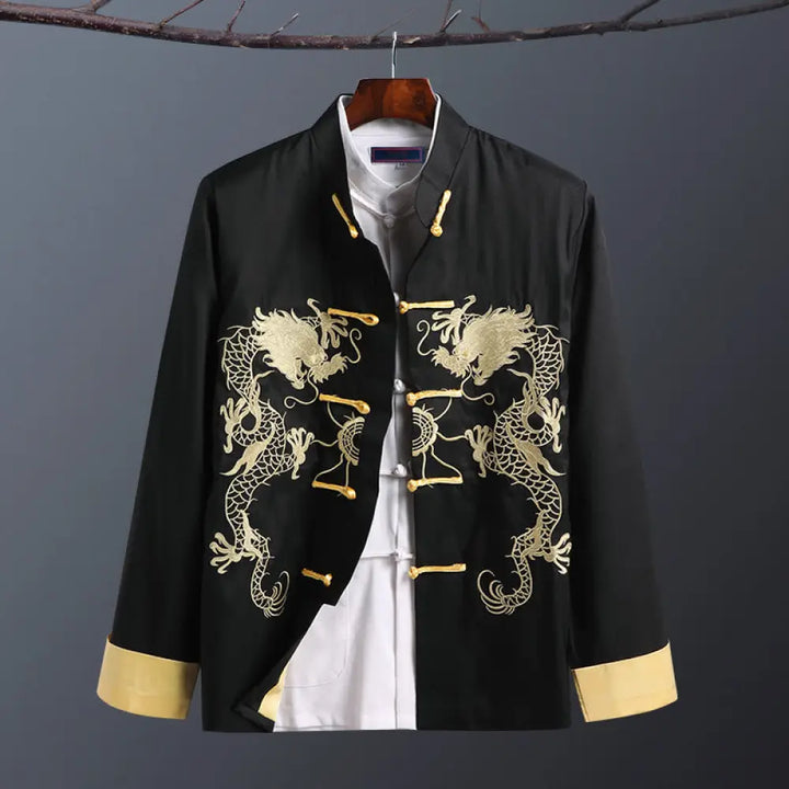 Buddha Stones Spring Fall Dragon Embroidery Frog-Button Long Sleeve Men’s Jacket - Double Dragon Black