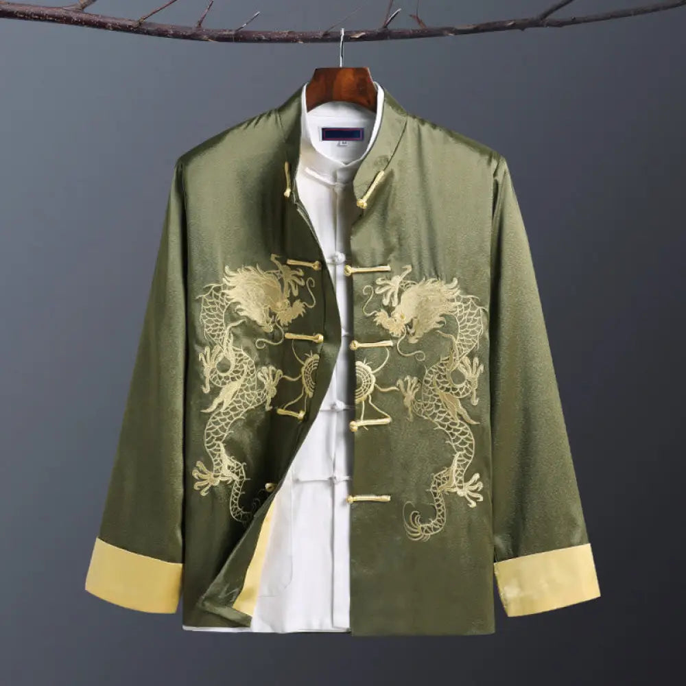 Buddha Stones Spring Fall Dragon Embroidery Frog-Button Long Sleeve Men’s Jacket - Double Dragon Green