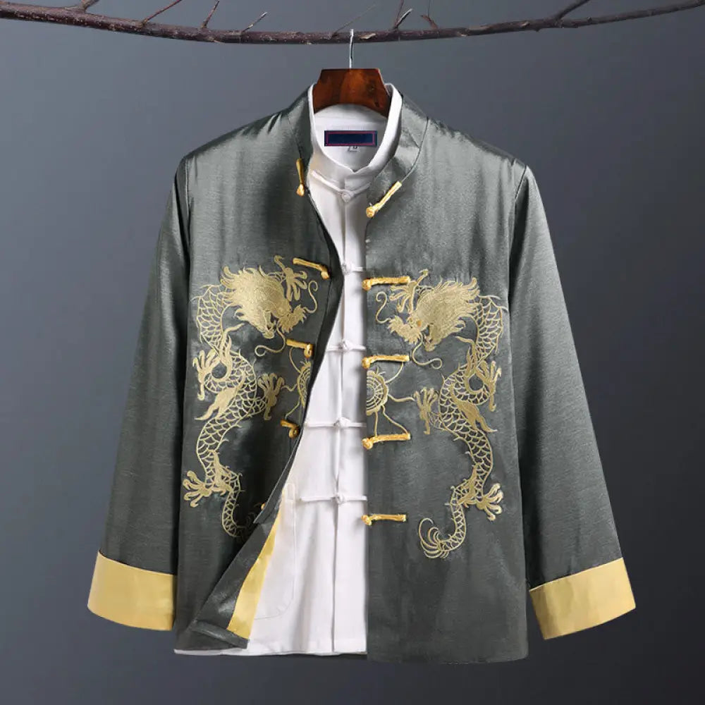 Buddha Stones Spring Fall Dragon Embroidery Frog-Button Long Sleeve Men’s Jacket - Double Dragon Grey / US/UK/AU36，EU46