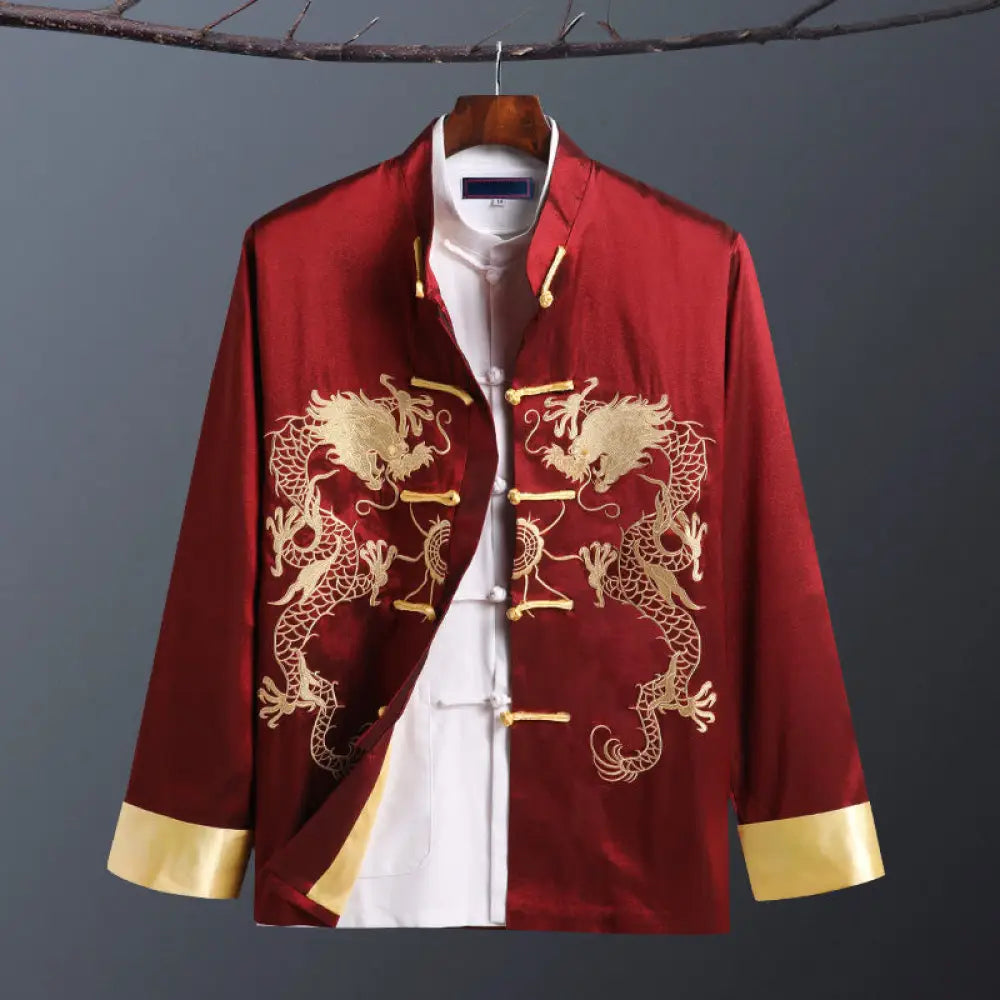 Buddha Stones Spring Fall Dragon Embroidery Frog-Button Long Sleeve Men’s Jacket - Double Dragon Red / US/UK/AU36，EU46