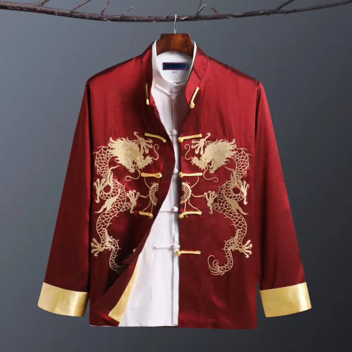 Buddha Stones Spring Fall Dragon Embroidery Frog-Button Long Sleeve Men’s Jacket - Double Dragon Red / US/UK/AU36，EU46
