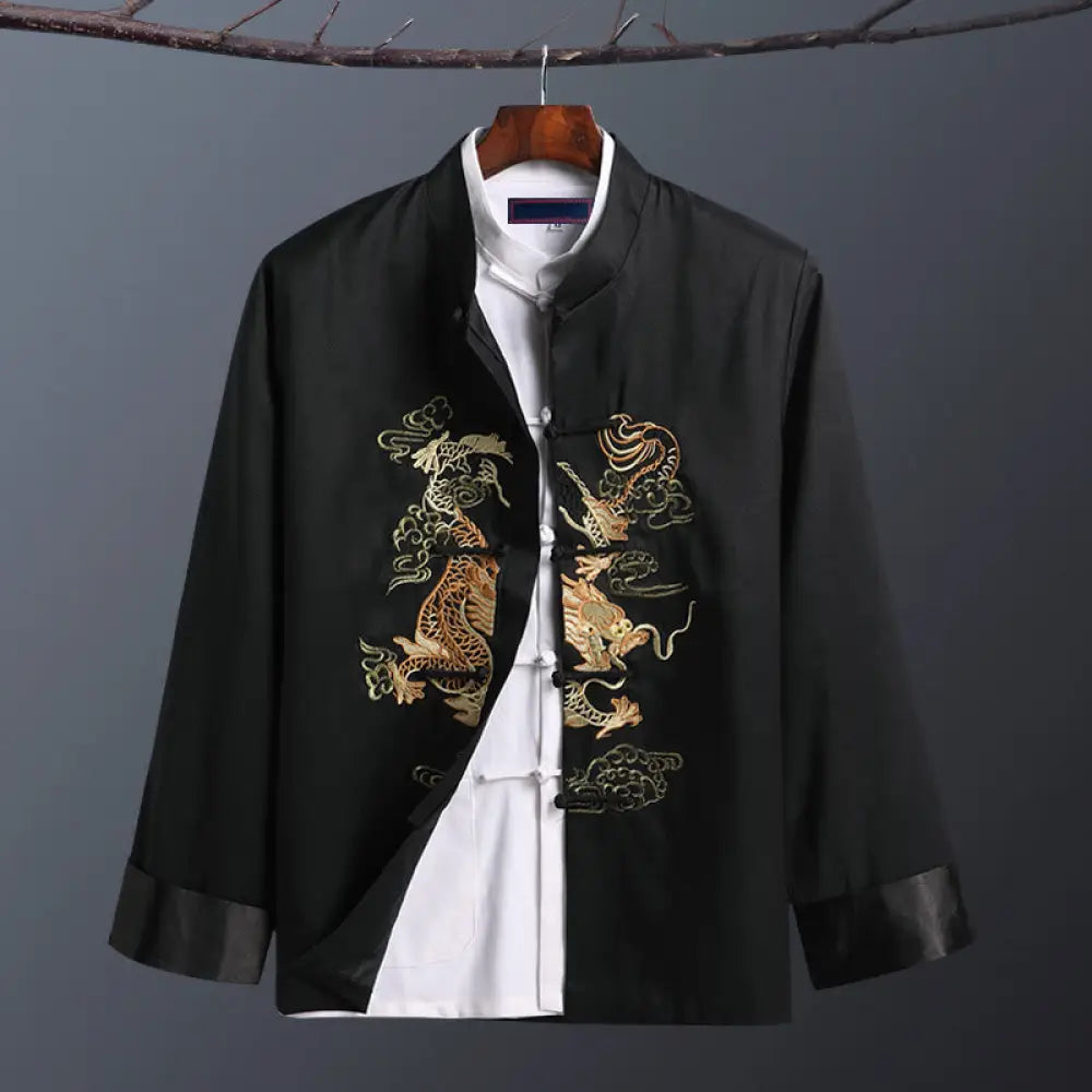 Buddha Stones Spring Fall Dragon Embroidery Frog-Button Long Sleeve Men’s Jacket - One Dragon Black / US/UK/AU36，EU46