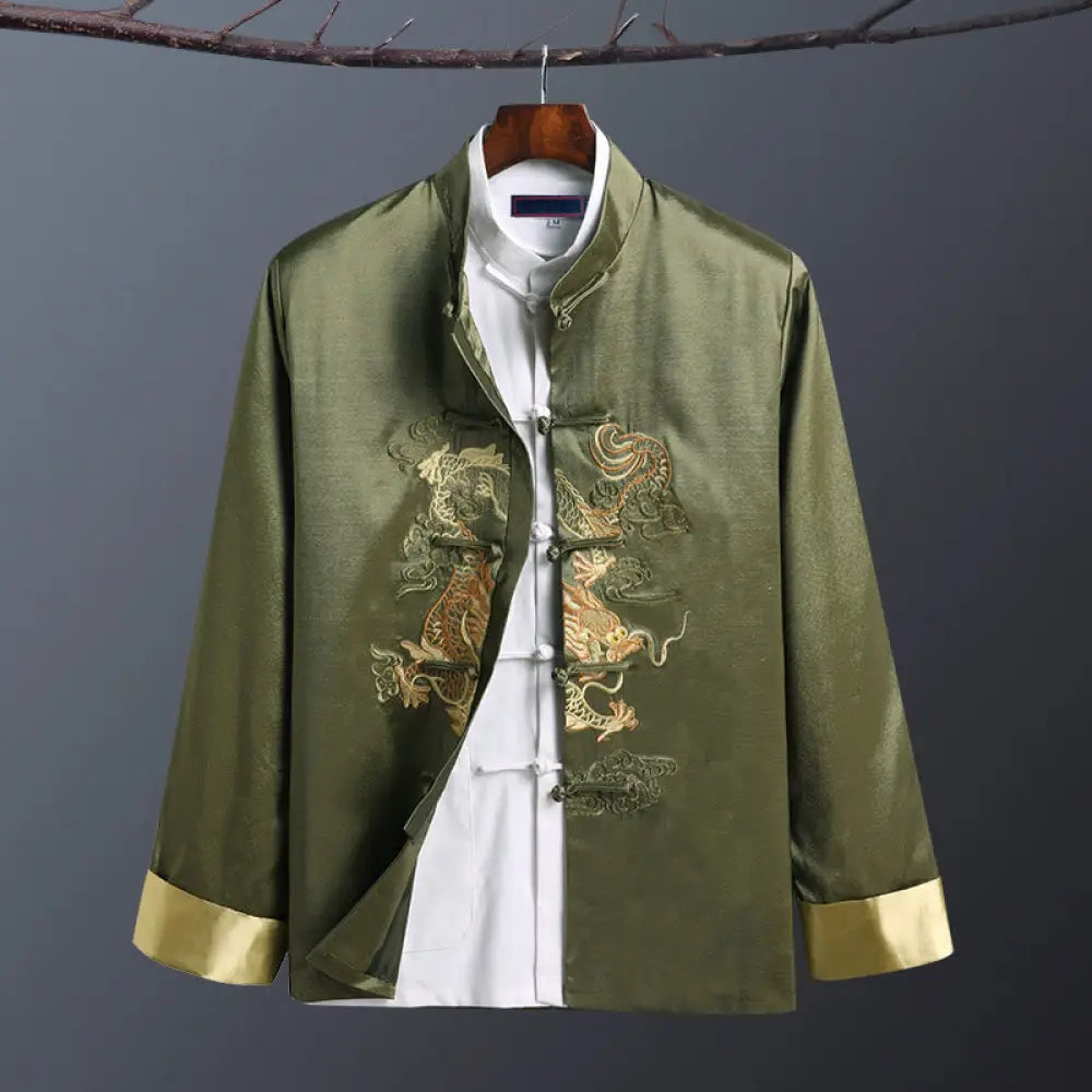 Buddha Stones Spring Fall Dragon Embroidery Frog-Button Long Sleeve Men’s Jacket - One Dragon Green / US/UK/AU36，EU46
