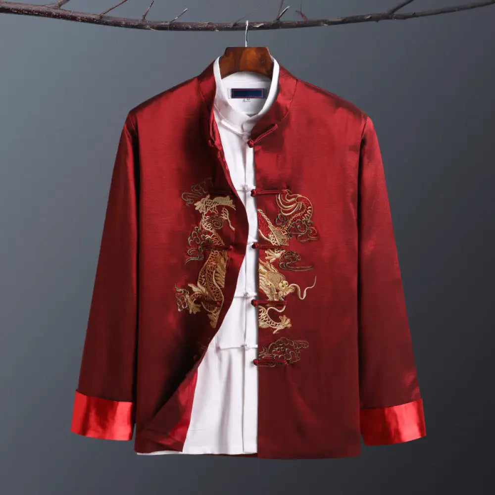 Buddha Stones Spring Fall Dragon Embroidery Frog-Button Long Sleeve Men’s Jacket - One Dragon Red / US/UK/AU36，EU46 (L)