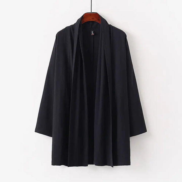Buddha Stones Spring Fall Solid Color Long Sleeve Mid-length Open Front Men’s Kimono - Black / US/UK/AU34，EU44 (M)