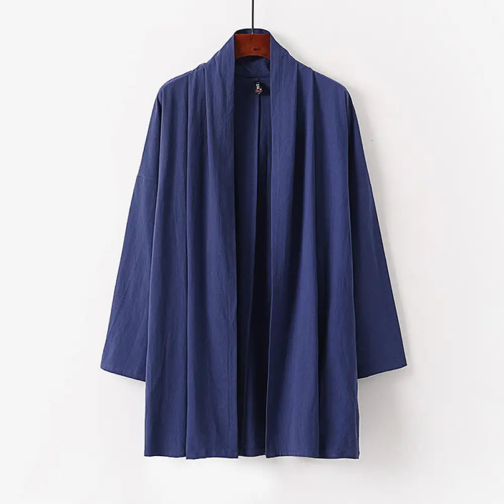 Buddha Stones Spring Fall Solid Color Long Sleeve Mid-length Open Front Men’s Kimono - SteelBlue / US/UK/AU34，EU44 (M)