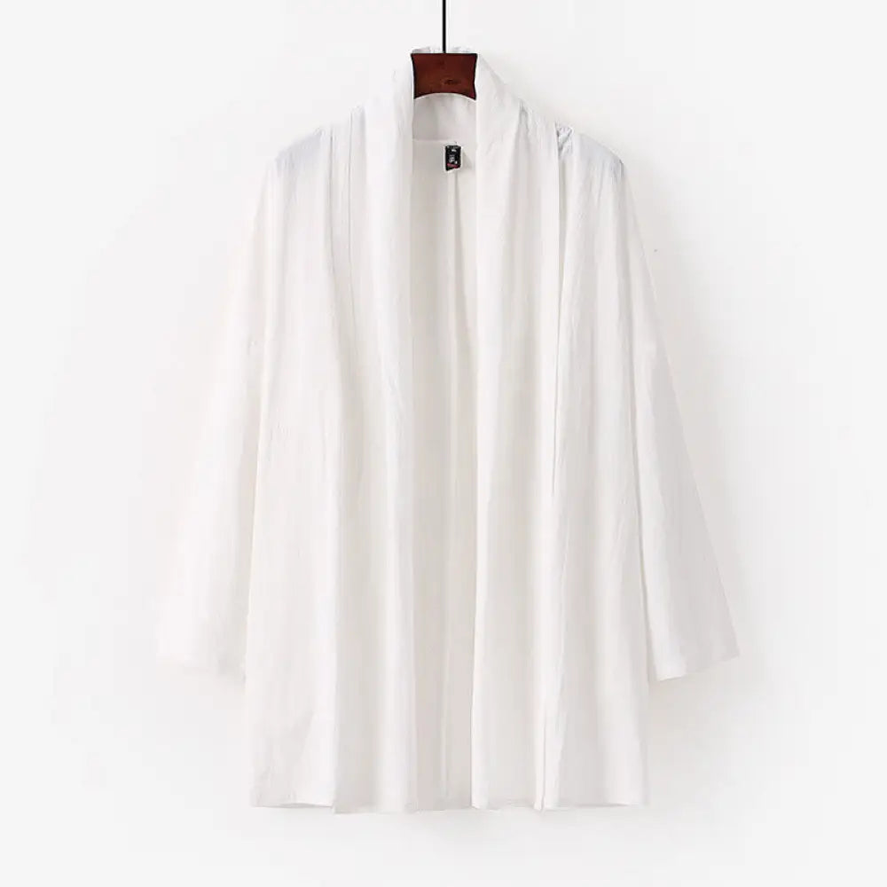 Buddha Stones Spring Fall Solid Color Long Sleeve Mid-length Open Front Men’s Kimono - White / US/UK/AU34，EU44 (M)
