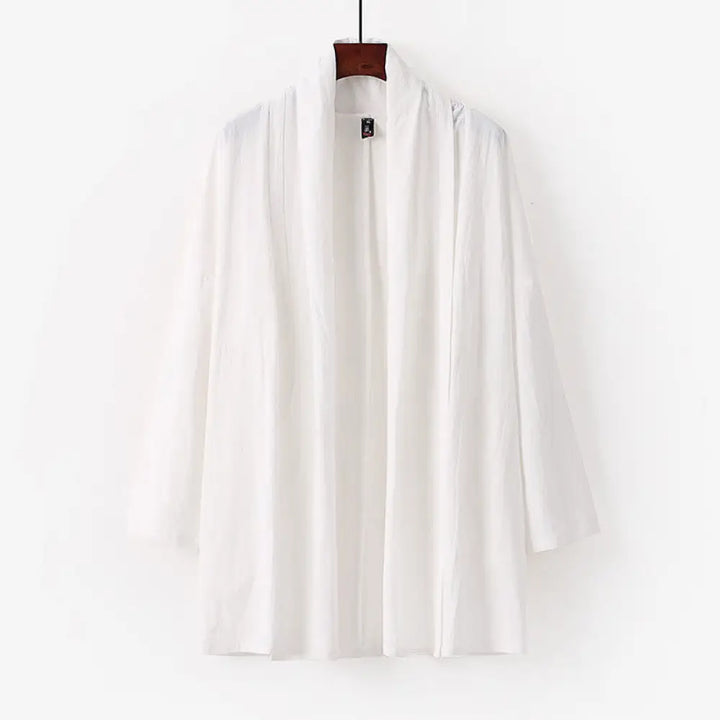 Buddha Stones Spring Fall Solid Color Long Sleeve Mid-length Open Front Men’s Kimono - White / US/UK/AU34，EU44 (M)
