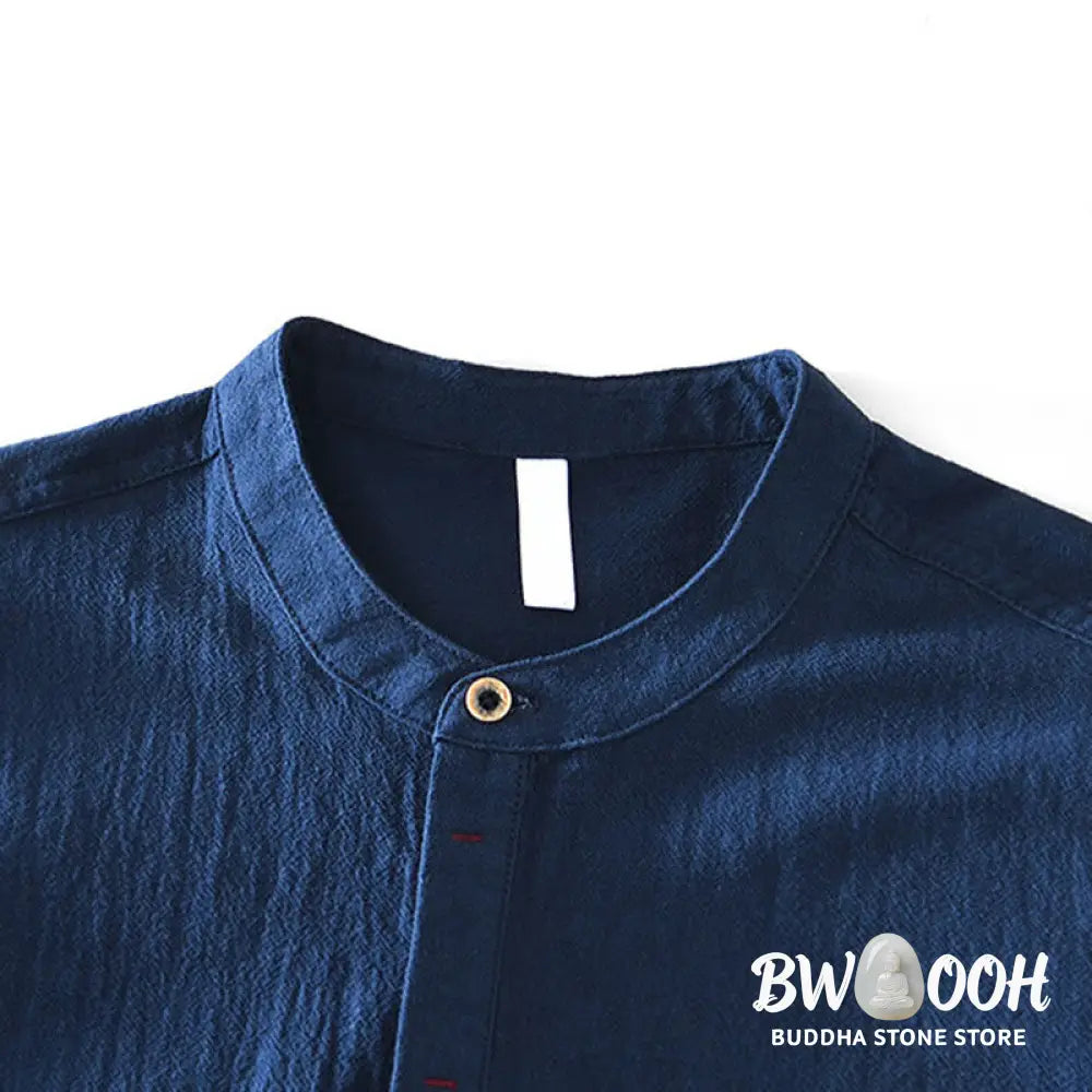 Buddha Stones Spring Fall Solid Long Sleeve Half Button Cotton Men’s Shirts - Men’s Shirts