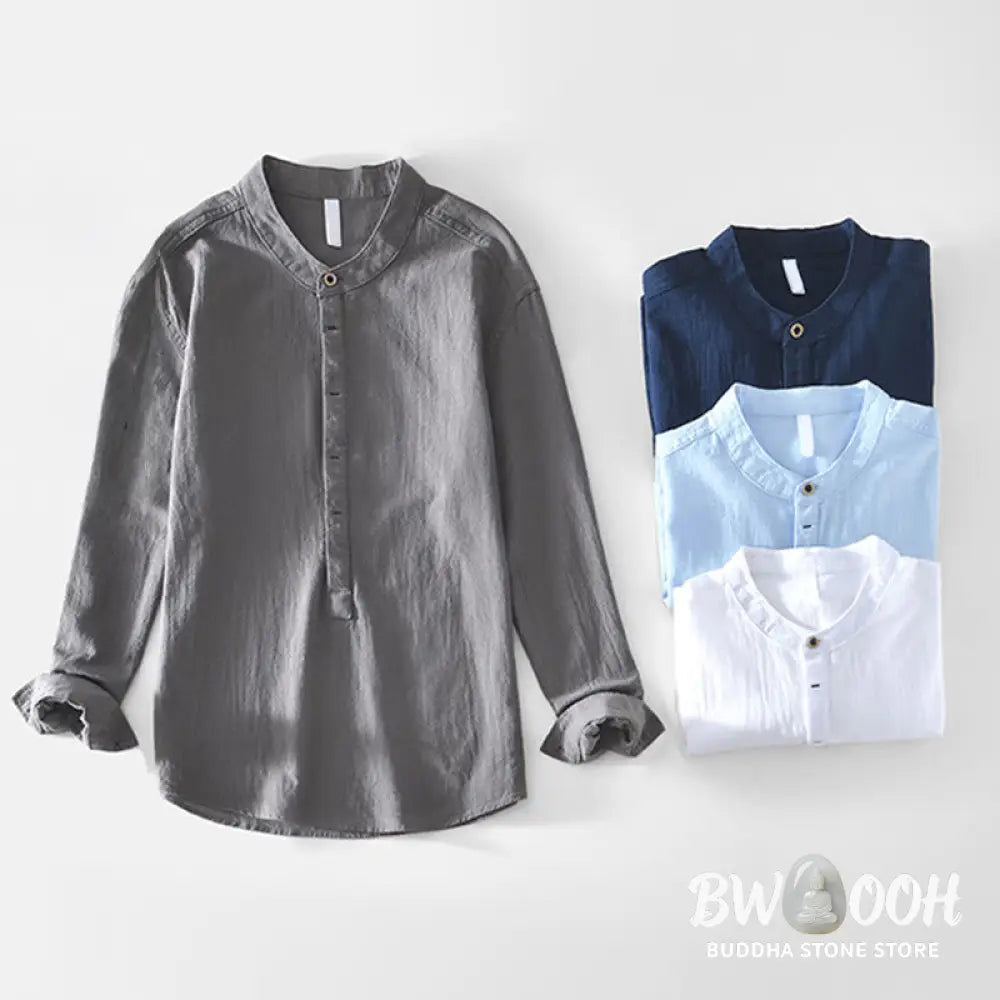 Buddha Stones Spring Fall Solid Long Sleeve Half Button Cotton Men’s Shirts - Men’s Shirts