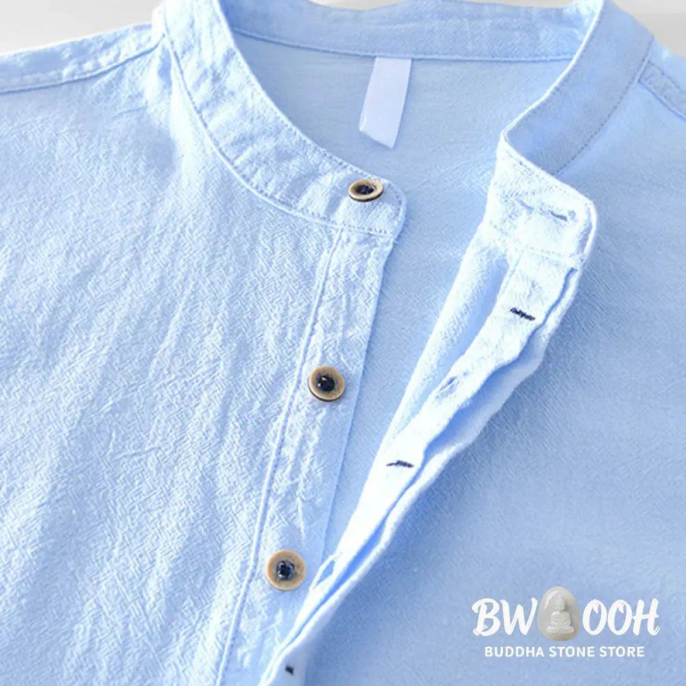 Buddha Stones Spring Fall Solid Long Sleeve Half Button Cotton Men’s Shirts - Men’s Shirts