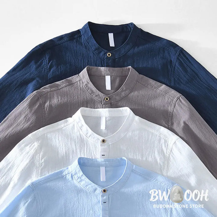 Buddha Stones Spring Fall Solid Long Sleeve Half Button Cotton Men’s Shirts - Men’s Shirts
