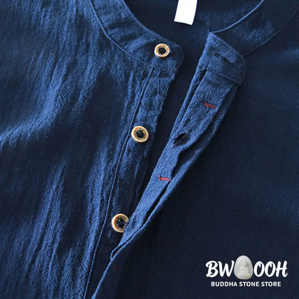Buddha Stones Spring Fall Solid Long Sleeve Half Button Cotton Men’s Shirts - Men’s Shirts