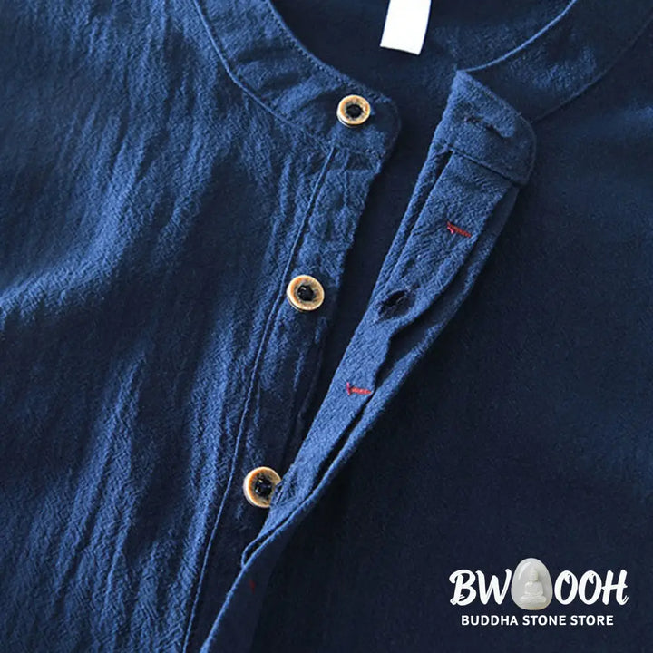 Buddha Stones Spring Fall Solid Long Sleeve Half Button Cotton Men’s Shirts - Men’s Shirts