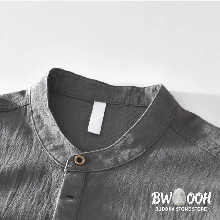 Buddha Stones Spring Fall Solid Long Sleeve Half Button Cotton Men’s Shirts - Men’s Shirts