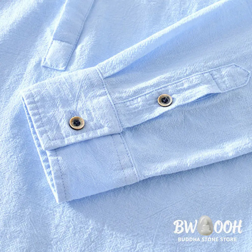 Buddha Stones Spring Fall Solid Long Sleeve Half Button Cotton Men’s Shirts - Men’s Shirts