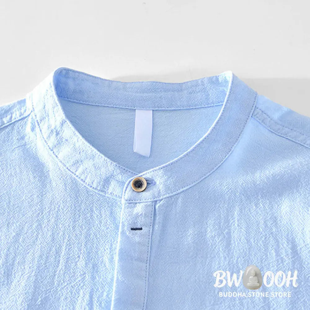 Buddha Stones Spring Fall Solid Long Sleeve Half Button Cotton Men’s Shirts - Men’s Shirts