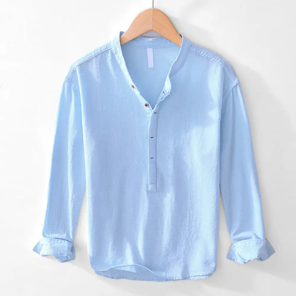 Buddha Stones Spring Fall Solid Long Sleeve Half Button Cotton Men’s Shirts - LightSkyBlue / US/UK/AU36，EU46 (L)