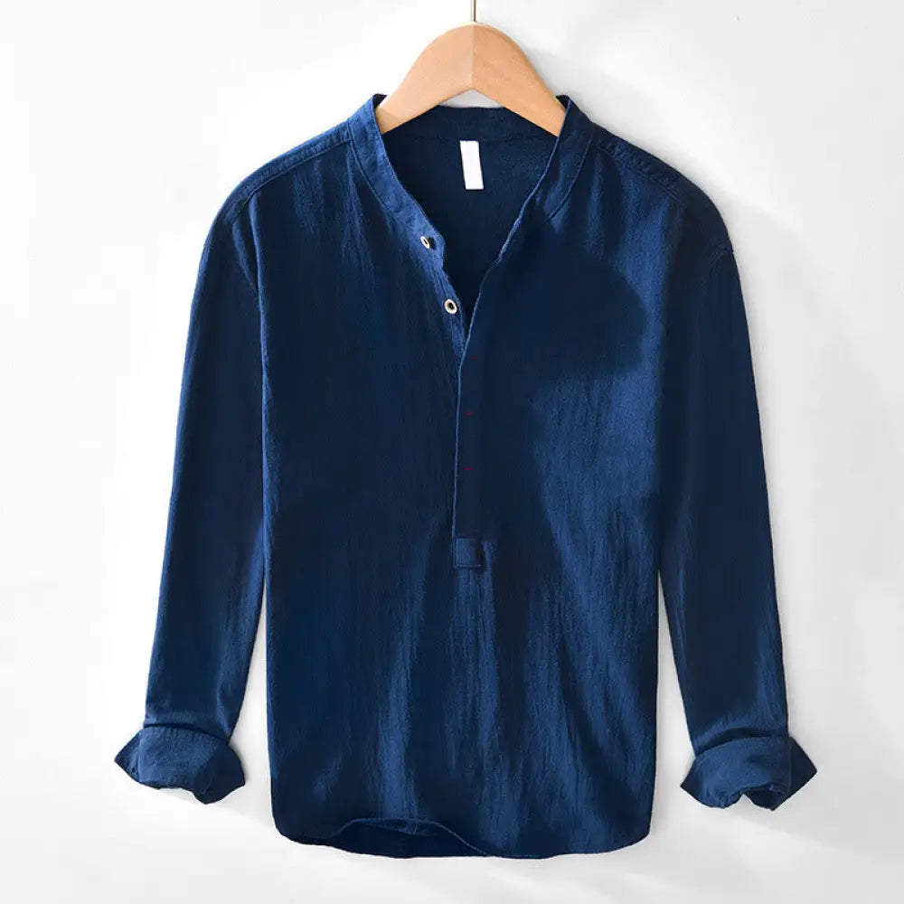 Buddha Stones Spring Fall Solid Long Sleeve Half Button Cotton Men’s Shirts - Navy / US/UK/AU36，EU46 (L) - Men’s Shirts