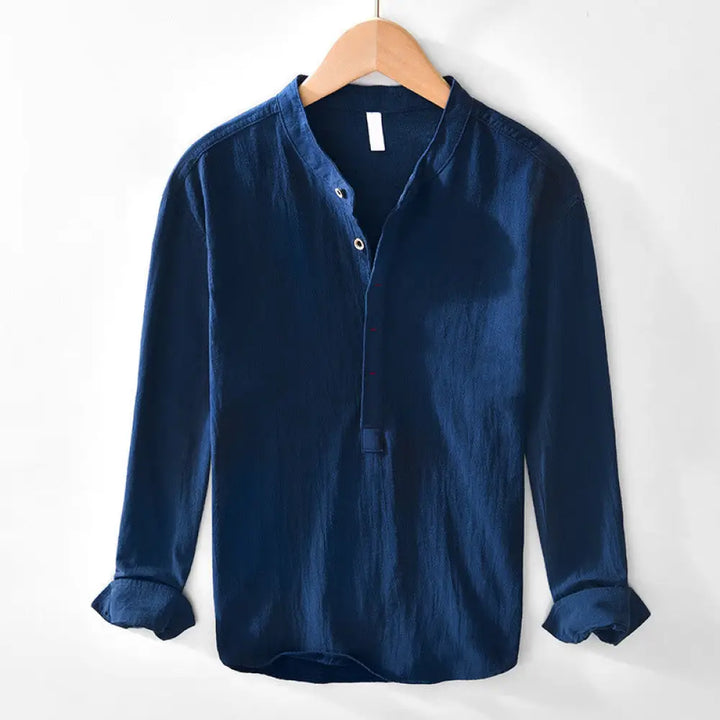 Buddha Stones Spring Fall Solid Long Sleeve Half Button Cotton Men’s Shirts - Navy / US/UK/AU36，EU46 (L) - Men’s Shirts