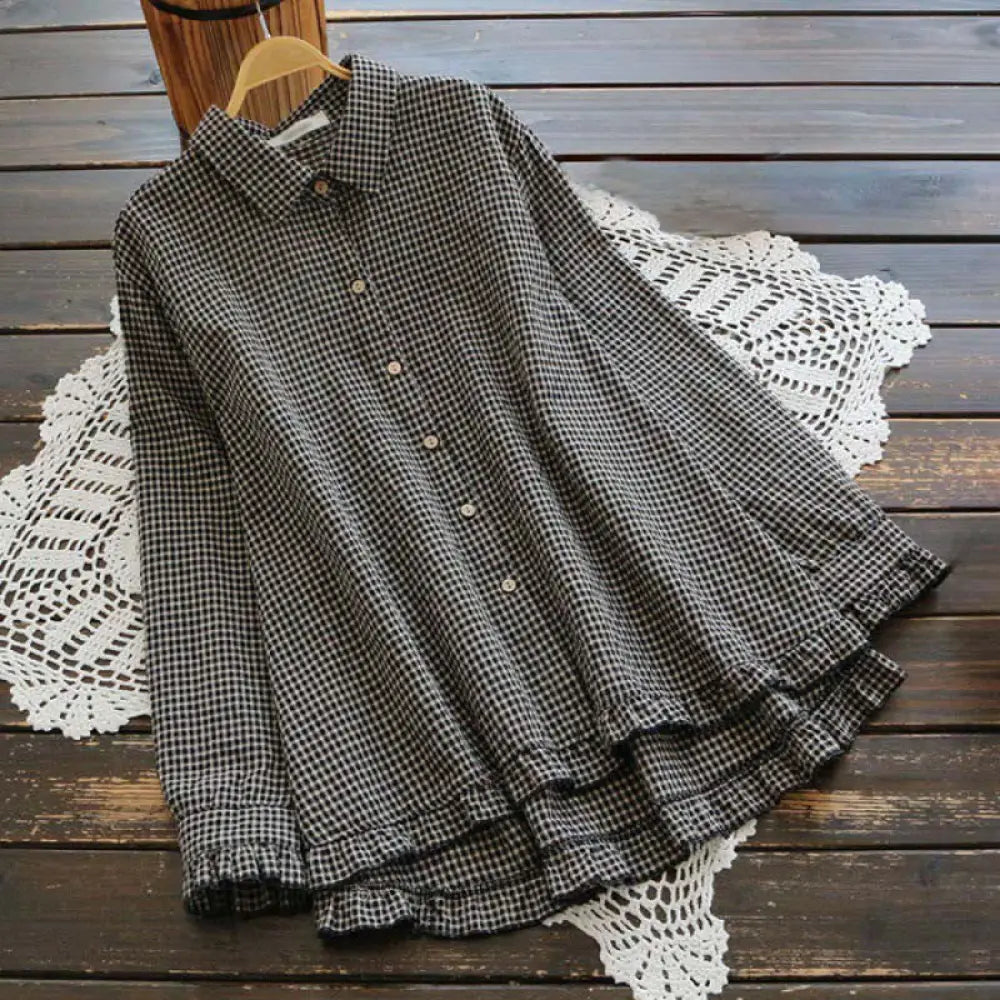 Buddha Stones Spring Plaid Ruffled Hem Design Long Sleeve Women’s Cotton Buttons Shirt - Black / US4，UK/AU8，EU36 (L)