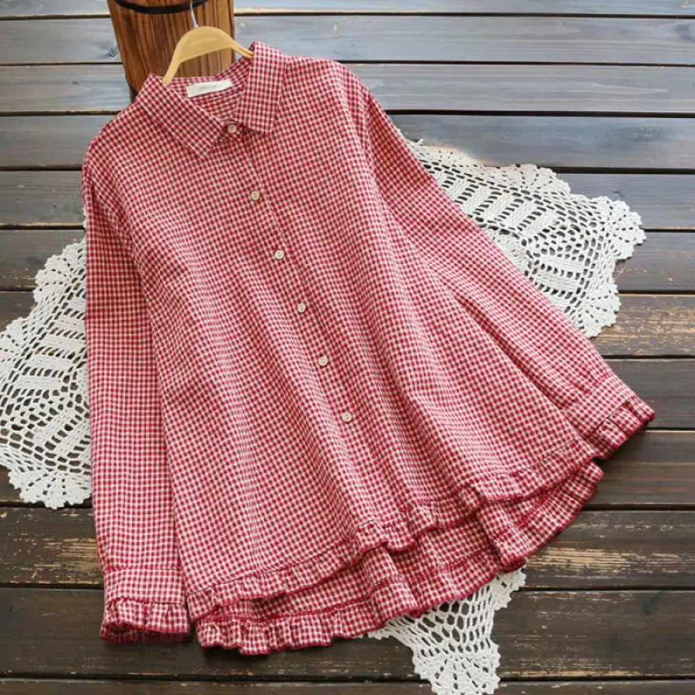 BWOOOH Spring Plaid Ruffled Hem Design Long Sleeve Women&
