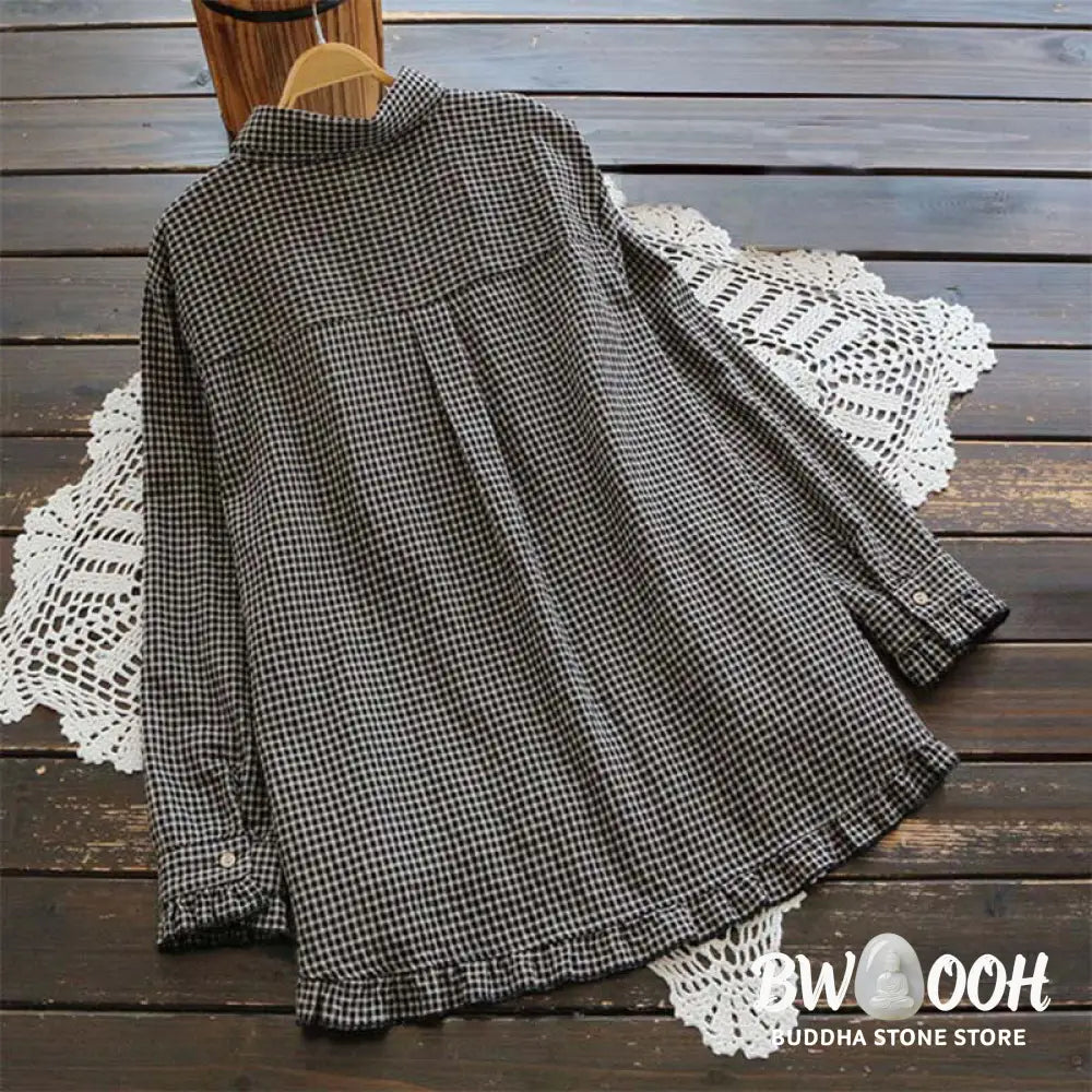 Buddha Stones Spring Plaid Ruffled Hem Design Long Sleeve Women’s Cotton Buttons Shirt - Women’s Shirts