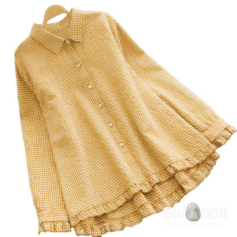 Buddha Stones Spring Plaid Ruffled Hem Design Long Sleeve Women’s Cotton Buttons Shirt - Women’s Shirts