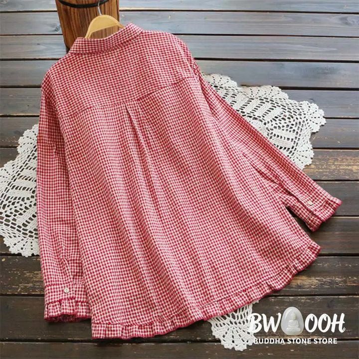 Buddha Stones Spring Plaid Ruffled Hem Design Long Sleeve Women’s Cotton Buttons Shirt - Women’s Shirts