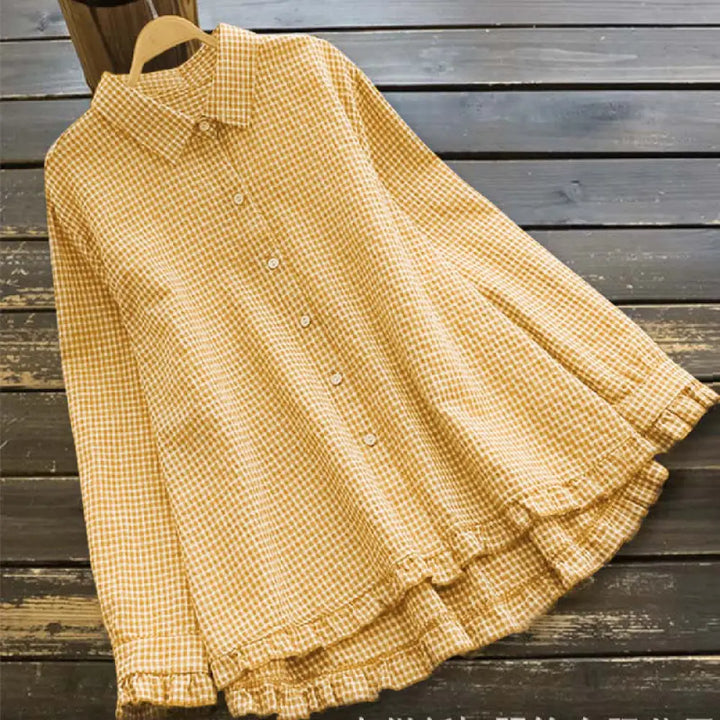 Buddha Stones Spring Plaid Ruffled Hem Design Long Sleeve Women’s Cotton Buttons Shirt - Yellow / US4，UK/AU8，EU36 (L)