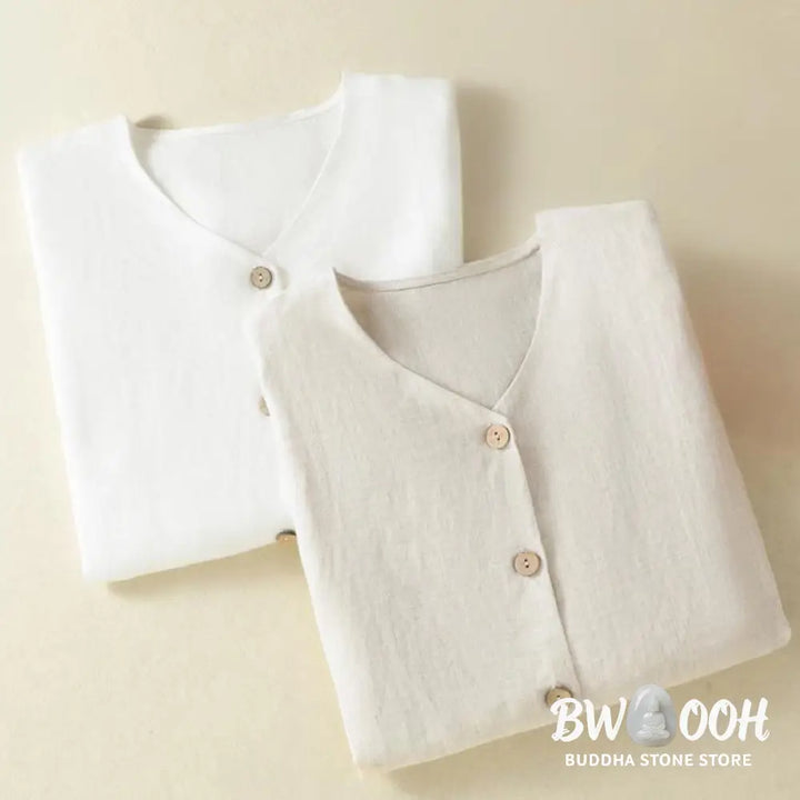Buddha Stones Spring Plain Buttons Design V-Neck Long Sleeve Women’s Cotton Linen Shirt - Women’s Shirts