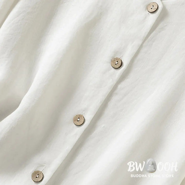 Buddha Stones Spring Plain Buttons Design V-Neck Long Sleeve Women’s Cotton Linen Shirt - Women’s Shirts