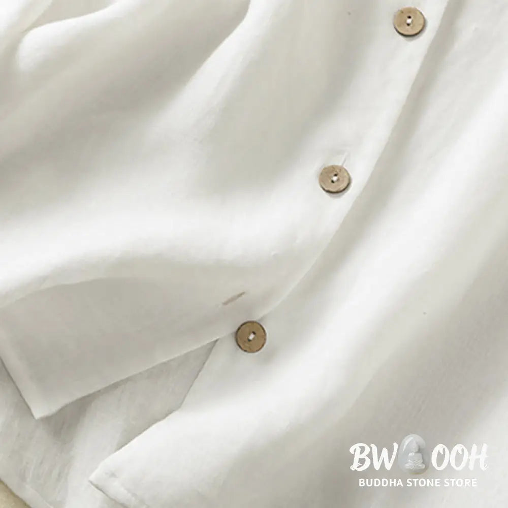 Buddha Stones Spring Plain Buttons Design V-Neck Long Sleeve Women’s Cotton Linen Shirt - Women’s Shirts