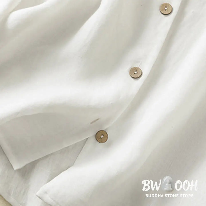 Buddha Stones Spring Plain Buttons Design V-Neck Long Sleeve Women’s Cotton Linen Shirt - Women’s Shirts