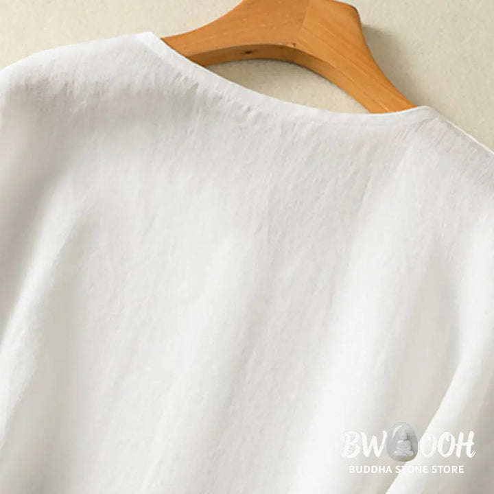 Buddha Stones Spring Plain Buttons Design V-Neck Long Sleeve Women’s Cotton Linen Shirt - Women’s Shirts