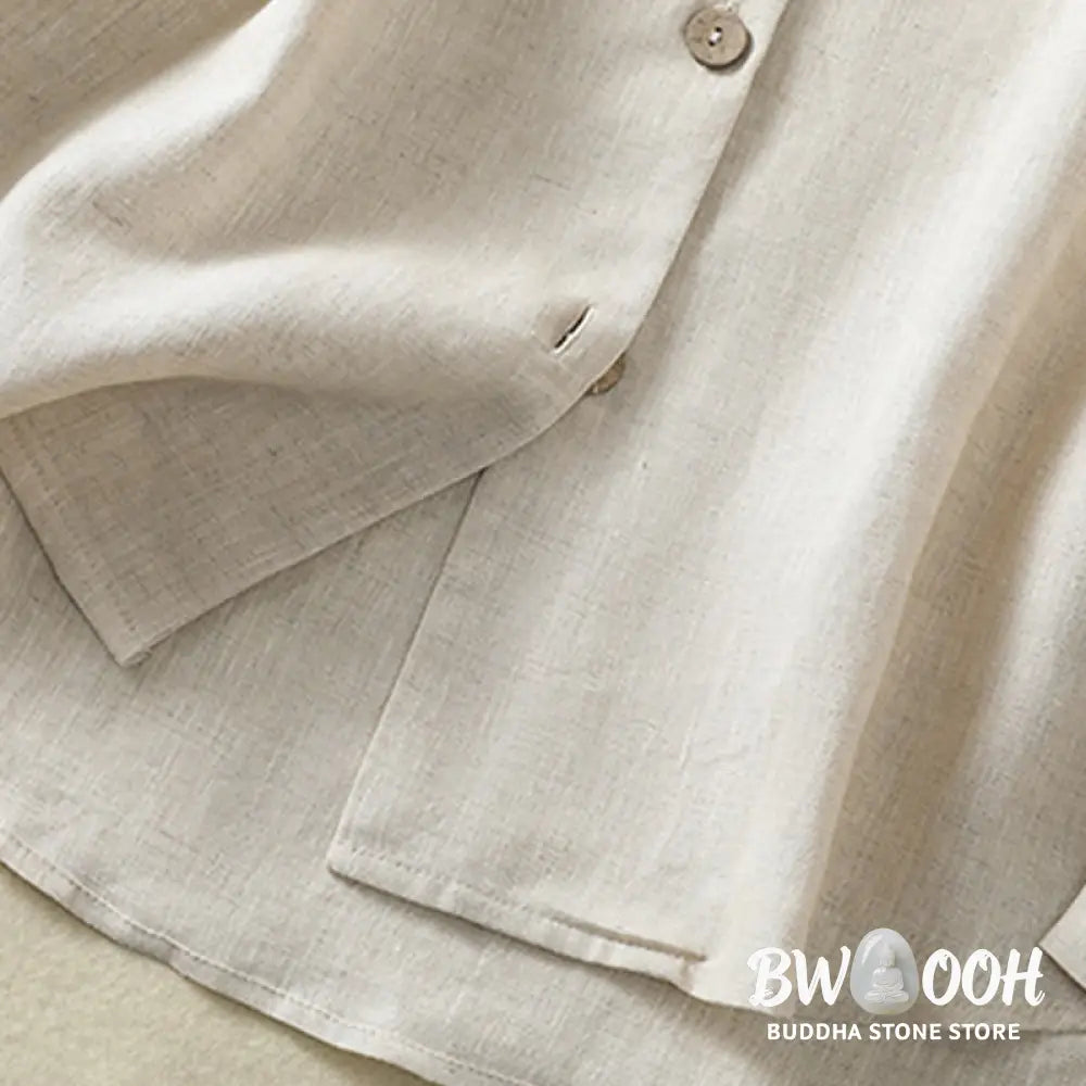 Buddha Stones Spring Plain Buttons Design V-Neck Long Sleeve Women’s Cotton Linen Shirt - Women’s Shirts