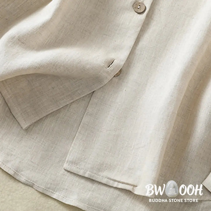 Buddha Stones Spring Plain Buttons Design V-Neck Long Sleeve Women’s Cotton Linen Shirt - Women’s Shirts