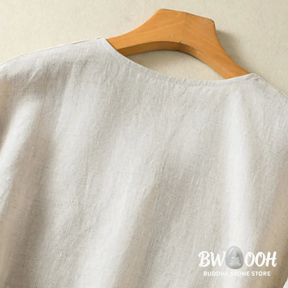 Buddha Stones Spring Plain Buttons Design V-Neck Long Sleeve Women’s Cotton Linen Shirt - Women’s Shirts