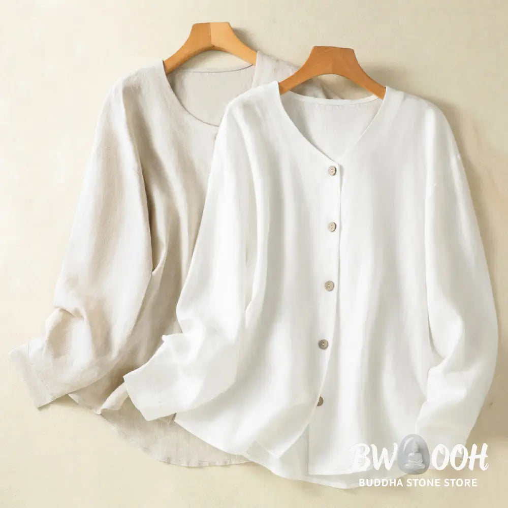 Buddha Stones Spring Plain Buttons Design V-Neck Long Sleeve Women’s Cotton Linen Shirt - Women’s Shirts